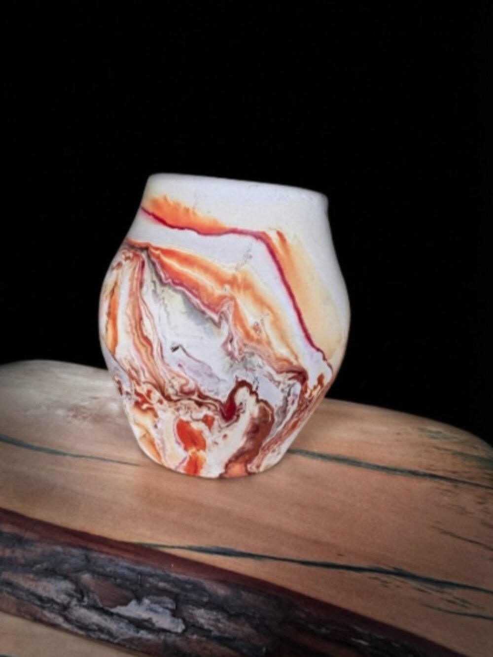 Vintage Nemadji Pottery Vase 5 1/2" | Vibrant Orange Grey Cream Marble Swirl
